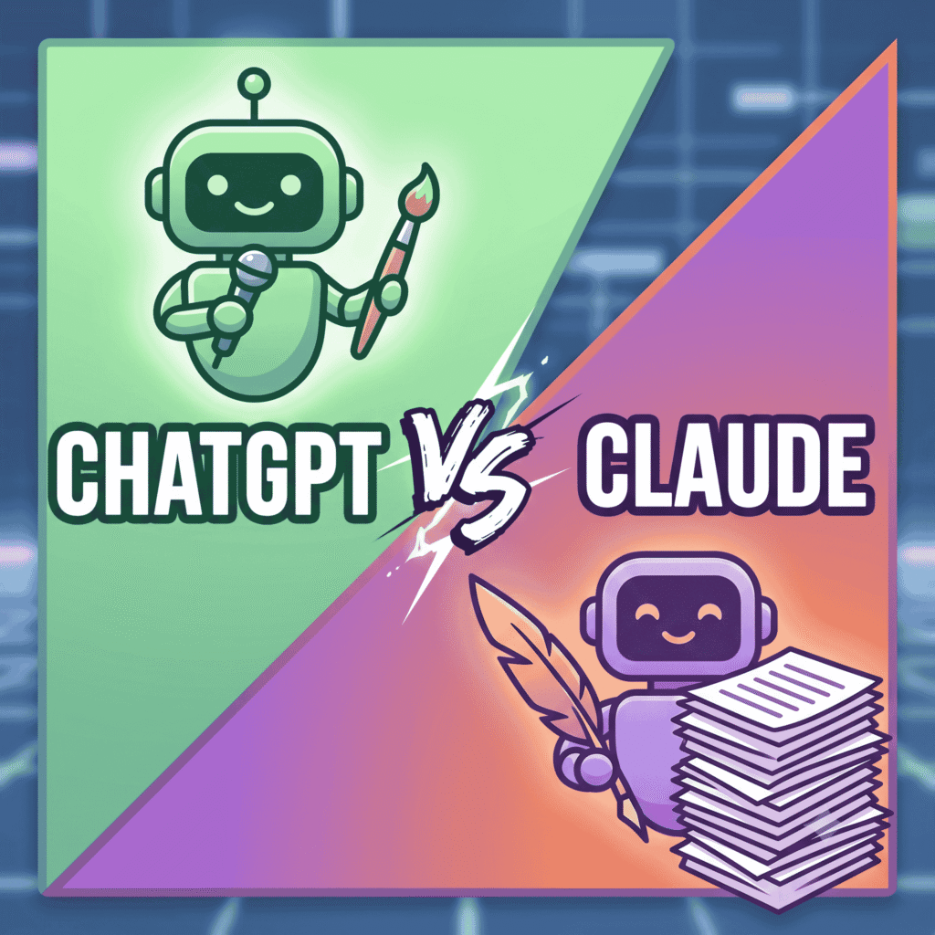 A simplified 1:1 square vector infographic comparing ChatGPT and Claude AI chatbots. The green side (ChatGPT) holds a mic and brush; the purple side (Claude) holds a quill and documents. A bold 'VS' flashes in the center.