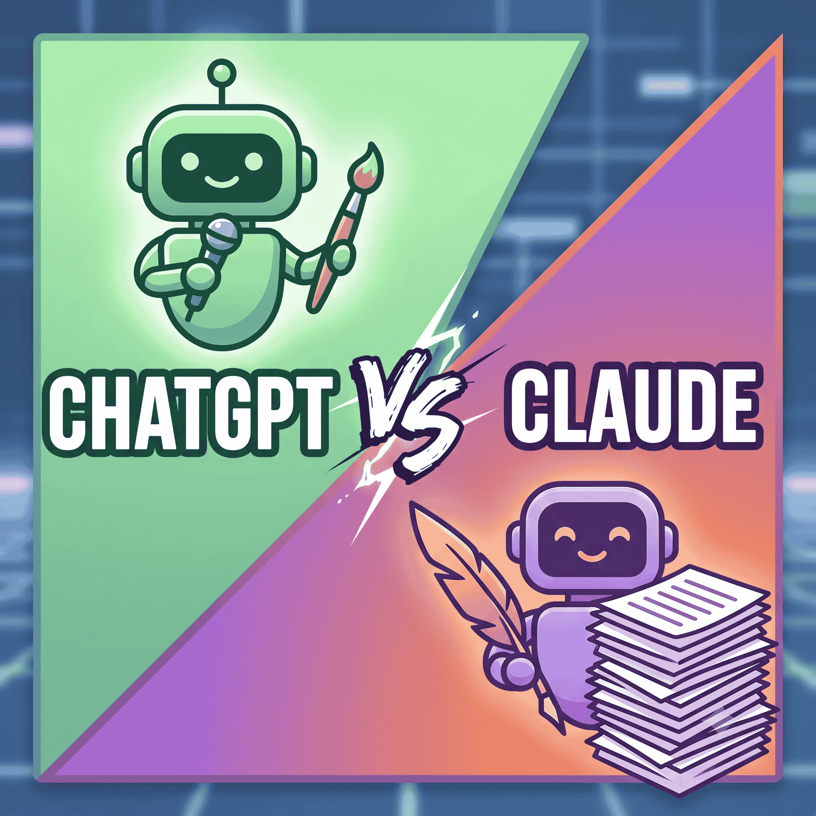 A simplified 1:1 square vector infographic comparing ChatGPT and Claude AI chatbots. The green side (ChatGPT) holds a mic and brush; the purple side (Claude) holds a quill and documents. A bold 'VS' flashes in the center.