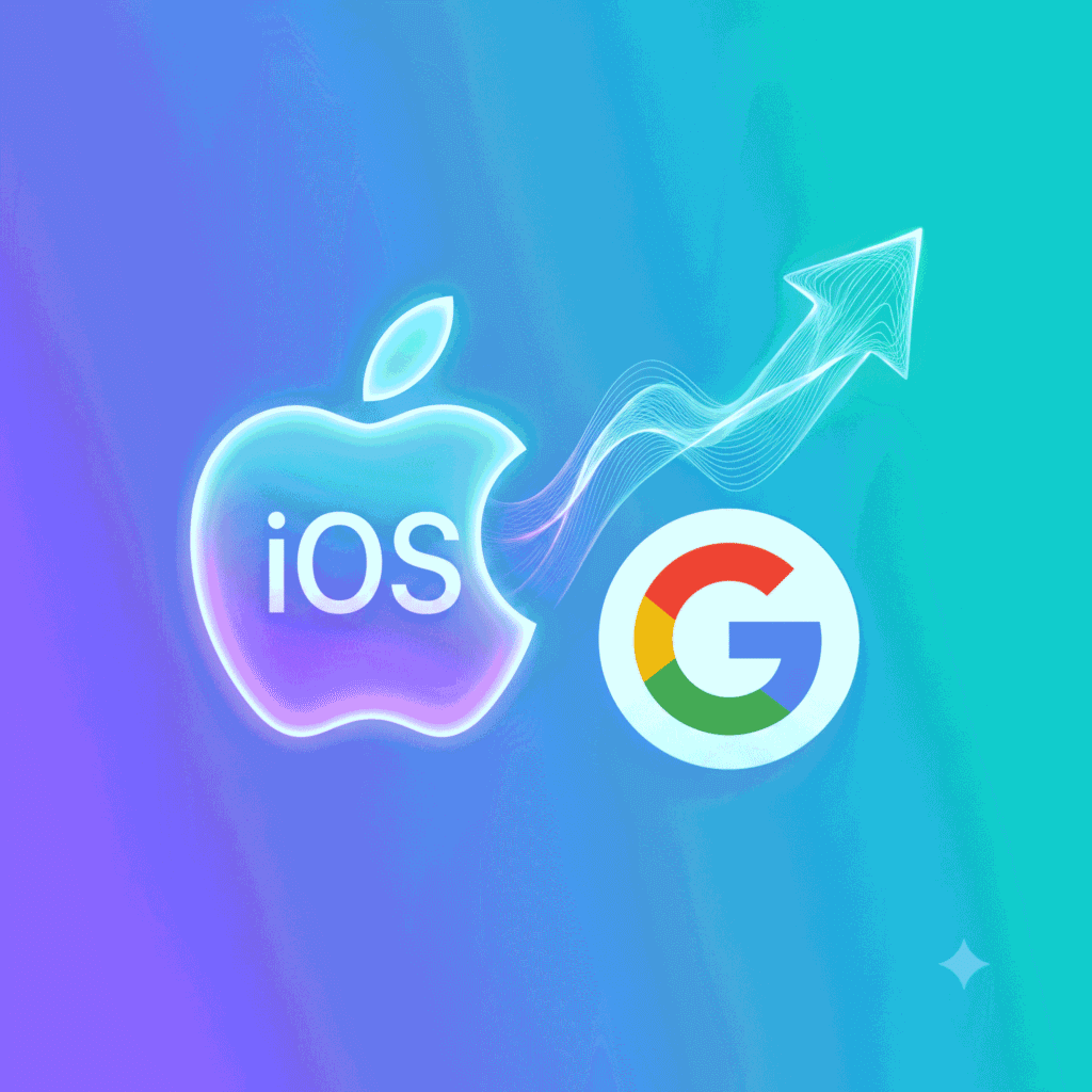 A small 1:1 graphic showing merging iOS and Android icons transforming into upward-trending AI energy.