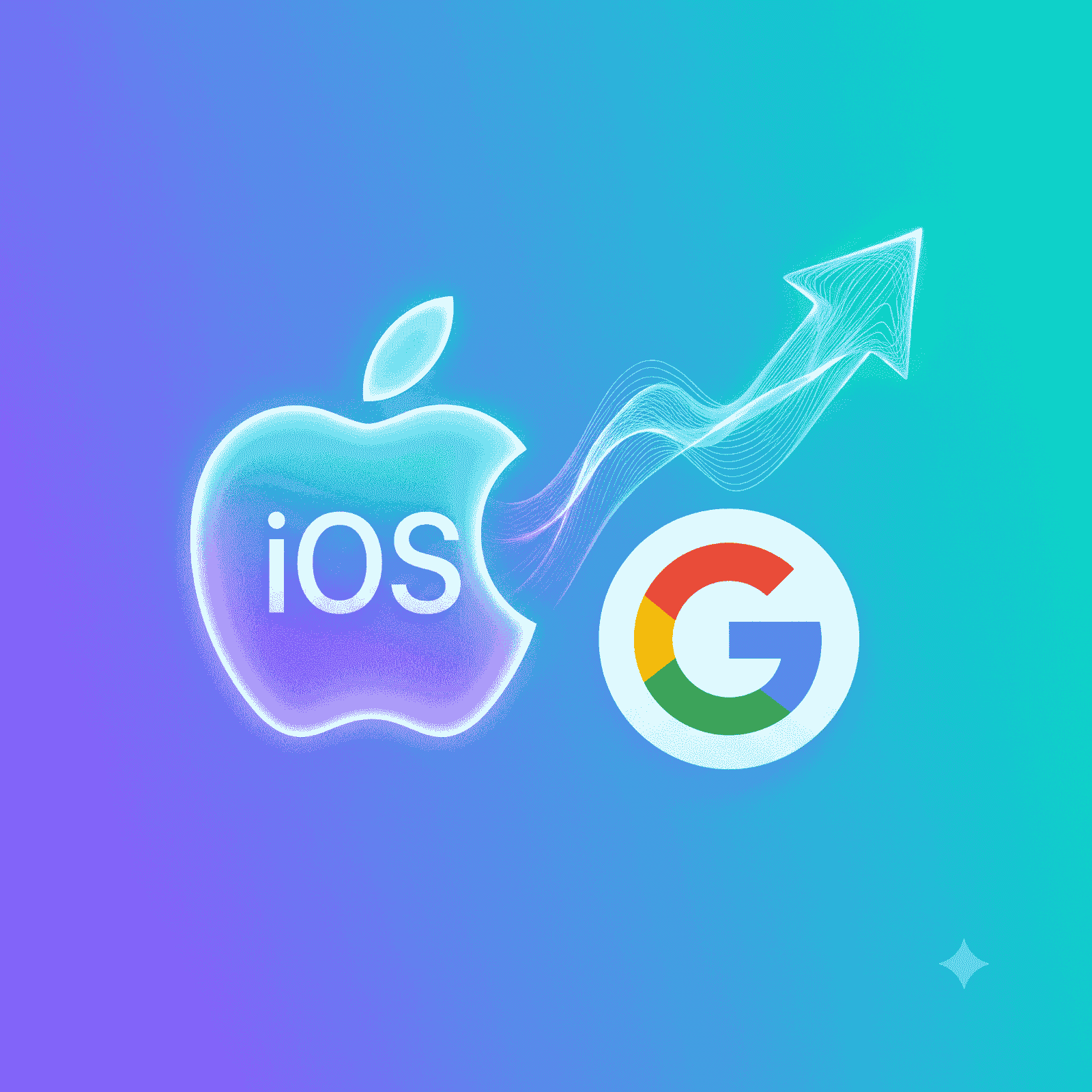 A small 1:1 graphic showing merging iOS and Android icons transforming into upward-trending AI energy.