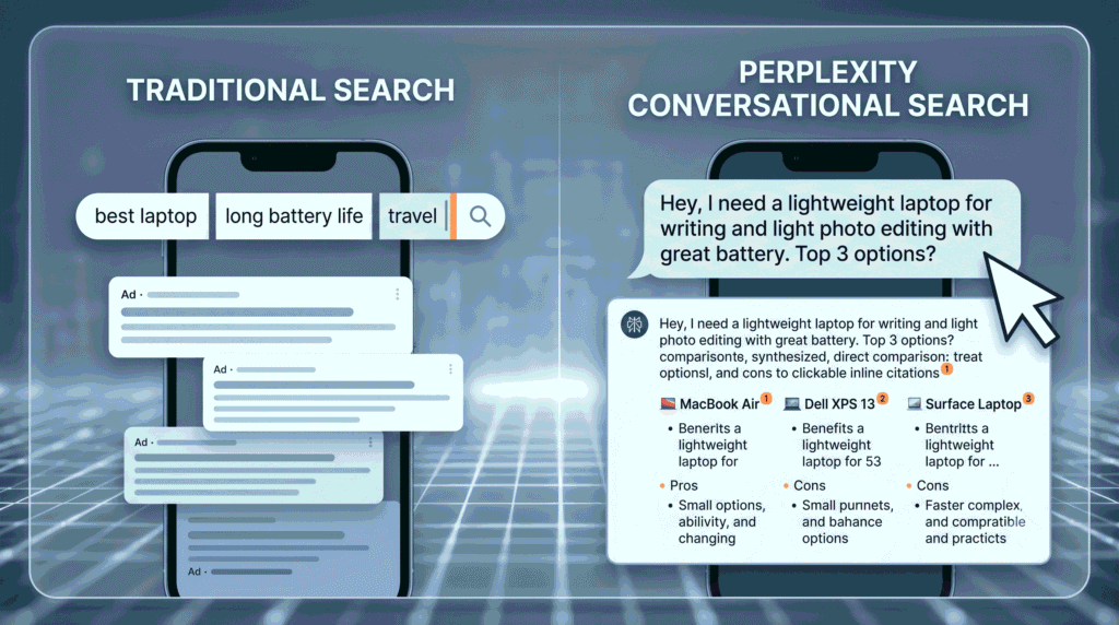A modern digital infographic thumbnail comparing traditional keyword search with ads (marked with a red X) against a clean, cited Perplexity AI conversational answer (marked with a green checkmark). A fast status icon emphasizes speed