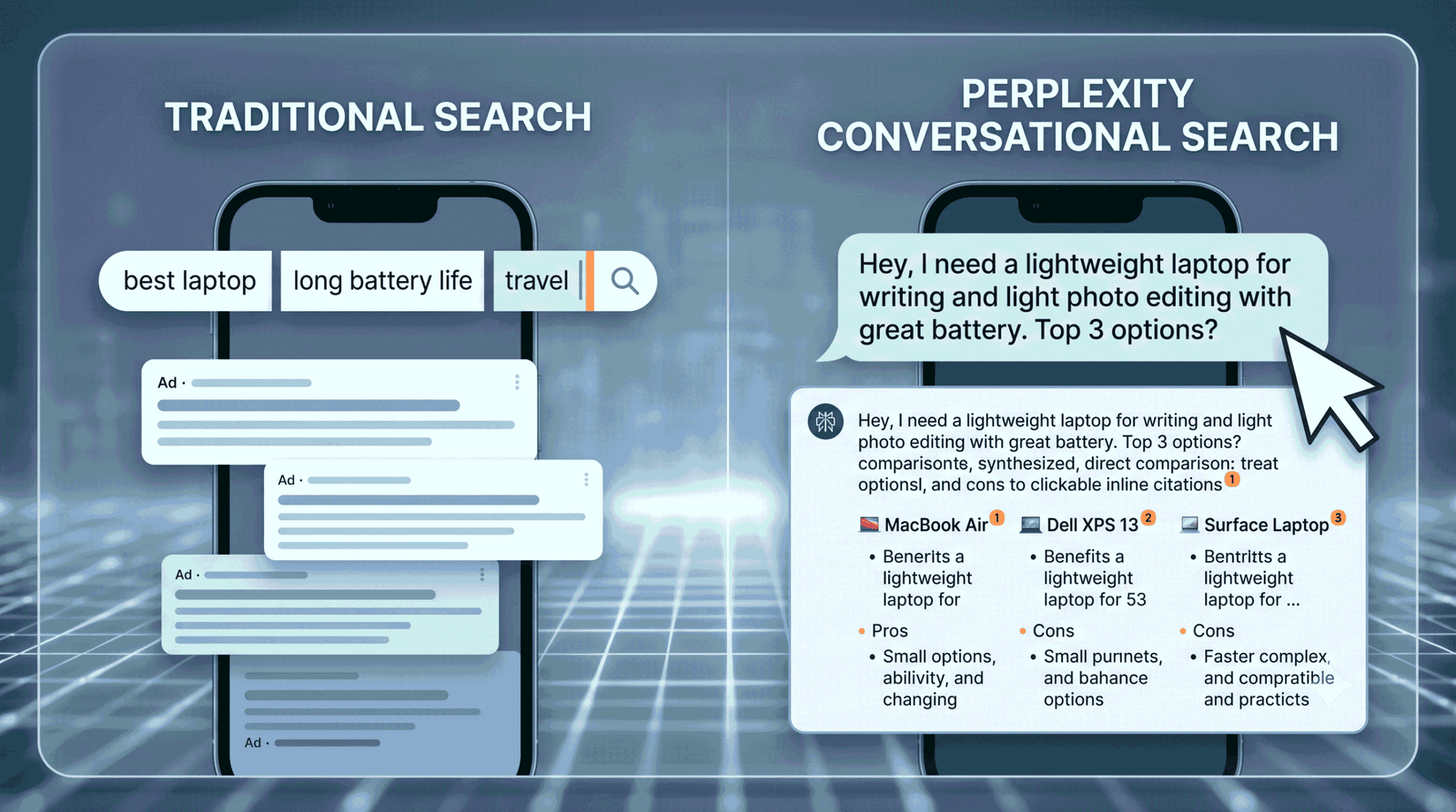A modern digital infographic thumbnail comparing traditional keyword search with ads (marked with a red X) against a clean, cited Perplexity AI conversational answer (marked with a green checkmark). A fast status icon emphasizes speed