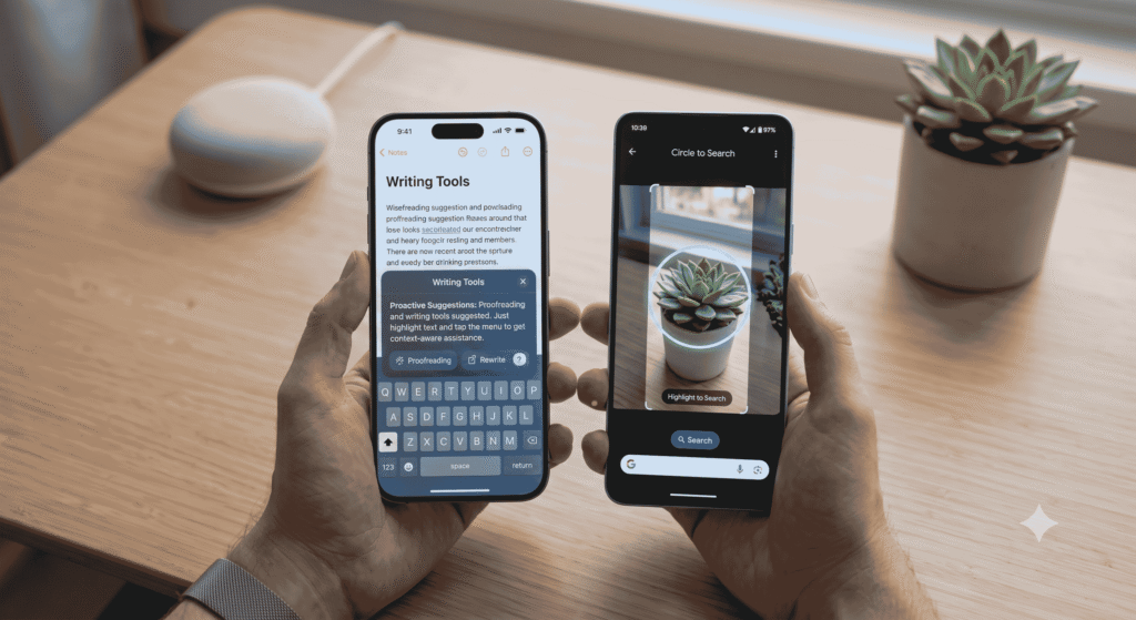 A side-by-side comparison image: an iPhone 15 Pro displaying 'Writing Tools' and a Google Pixel 8 Pro displaying 'Circle to Search' glowing blue.